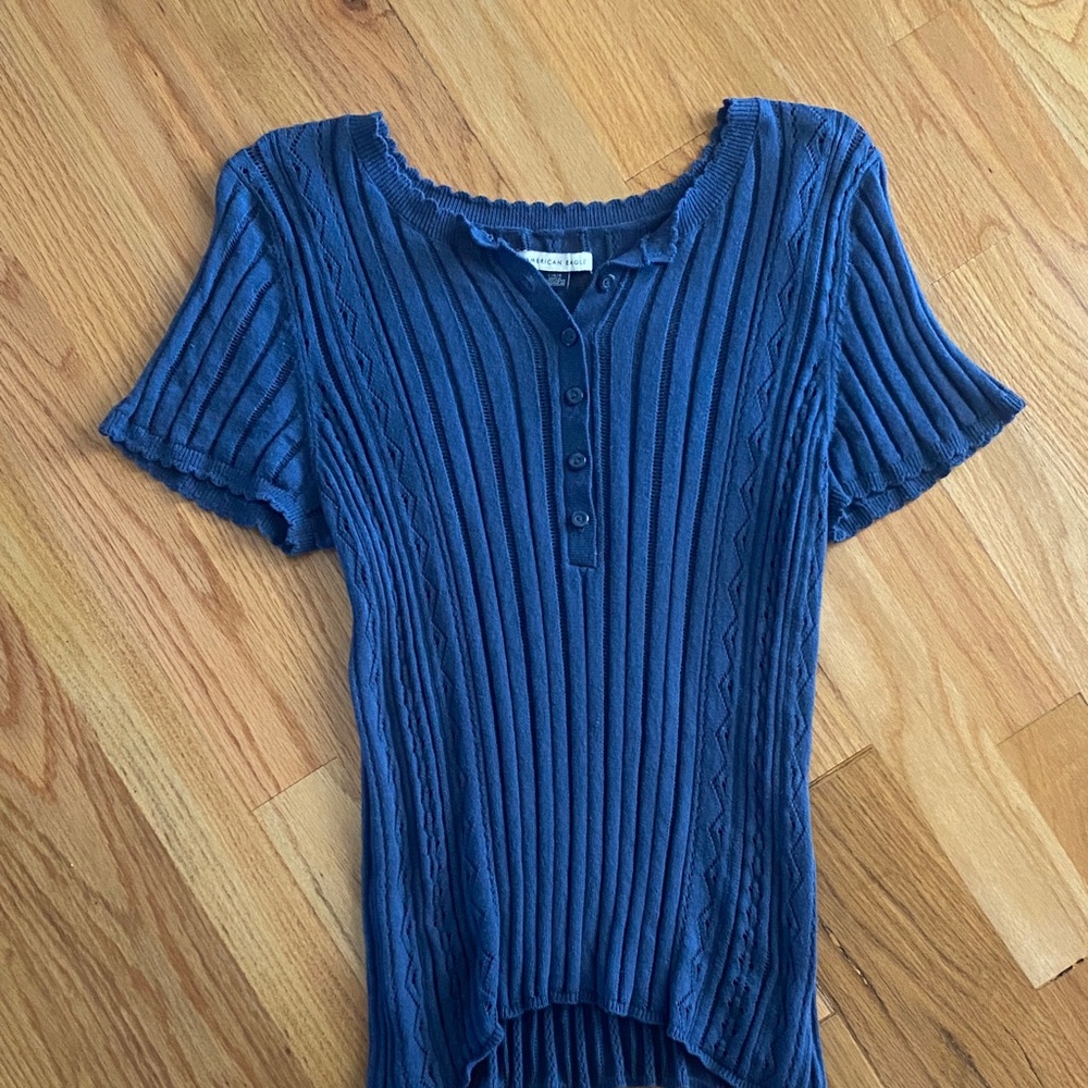 American Eagle Outfitters Blue Ribbed Button-Front Tee